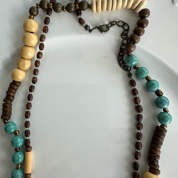 Long adjustable clasp necklace, Tan/Brown//turquoise/ Cream Beads - Picture 2 of 6
